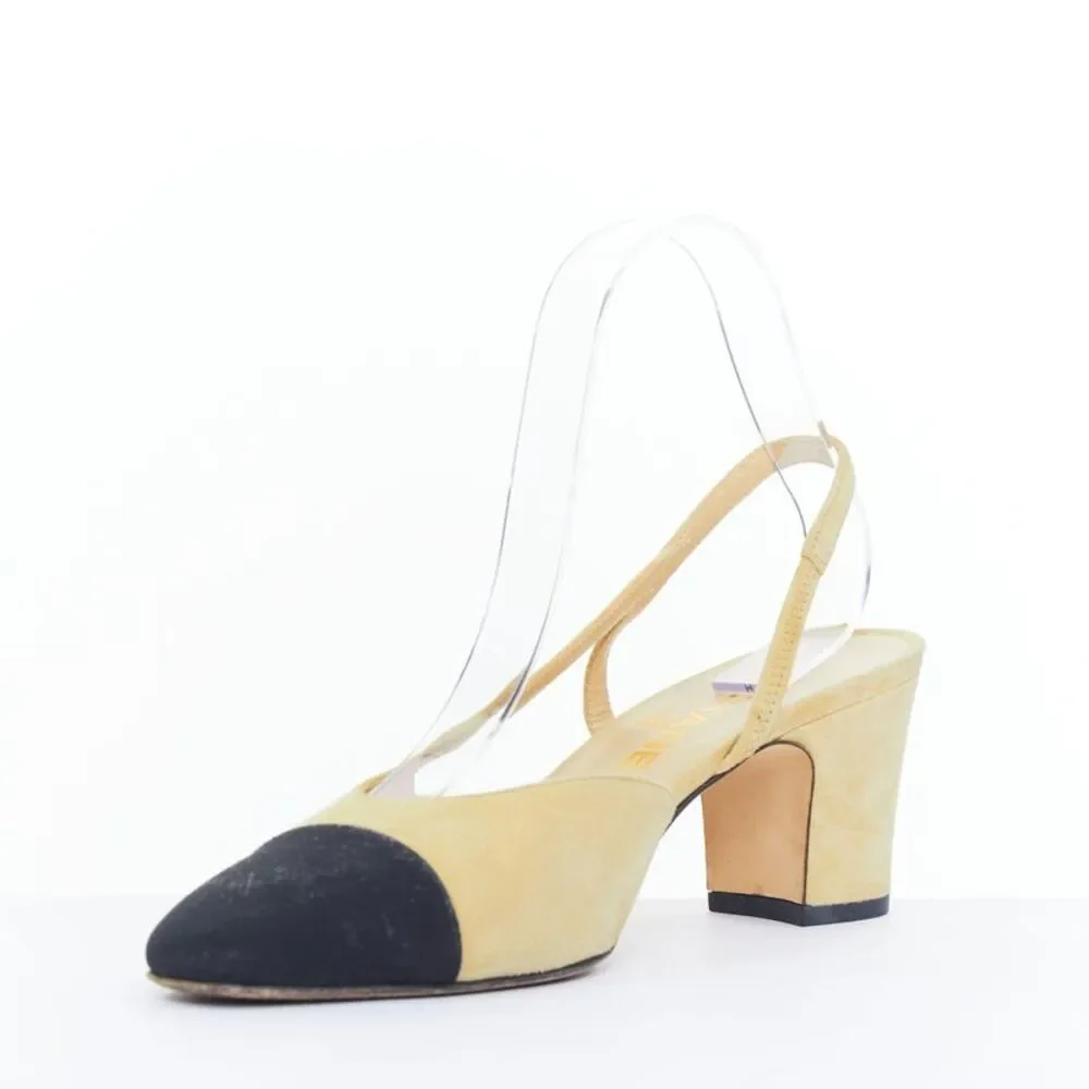 Chanel Beige Suede Grosgrain Cap Toe Slingback Pumps